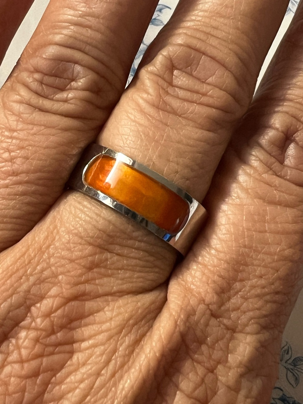 Mens Ring Size 10 Silver Amber Inlay Band Minimalist Unisex #1028